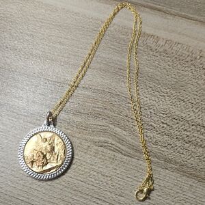 Vintage St Christopher Medallion Gold & Silver Tone Pendant Necklace Religious